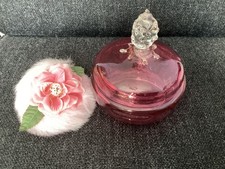 Vintage Cranberry Glass Bowl/Trinket Pot complete with pink powder puff. GC