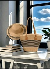 Set Of Ladies Vacation Summer Beach StripeStraw Hat and Bag, Khaki and Black