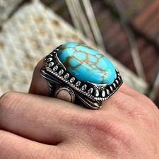 Men Silver Turquoise Stone Ottoman Silver Large Square Ring