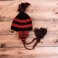 Lovely vintage style Dappy ear flap bobble hat in black/red stripes. One size.