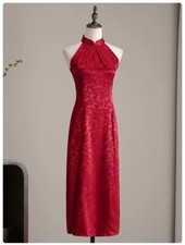 BRAND NEW: Wine Red Sleeveless Chinese Qipao Cheongsam Halterneck Dinner Dress