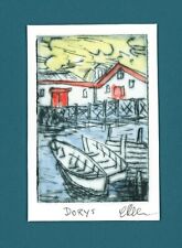 DOCKSIDE PIER FISHING BOATS DORYS; Original Impressionist COLOR ETCHING signed