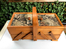 Vintage 3 Tier Wooden Gobelin Tapestry Cantilever Sewing Box