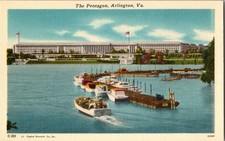 The Pentagon Building Washington Linen Postcard Boats Pier on Lagoon Ki14