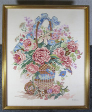 Lovely Vintage Framed Floral Basket Bouquet Of Flowers Completed Cross Stitch