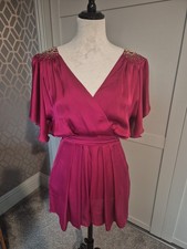 Lipsy London Raspberry Pink Silky Satin Playsuit.Embellished Shoulders Size 10