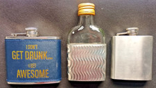 3 vintage hip flasks all stainless BLUE LEATHER a feature bottle & SMALL FLASK.