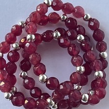 925 Sterling Silver Faceted 4mm Red Ruby Gemstone Stretchy Beaded Bracelet, 7”