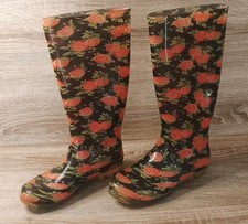 Ju Ju Black & Red Floral Women's Wellington Boots Size UK 5