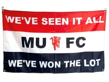 MAN UNITED SEEN IT ALL WON THE LOT  5x3FT SUPPORTERS FLAG FREE UK 48HR POST