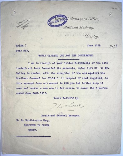 Midland railway 1916 letter - midland, re