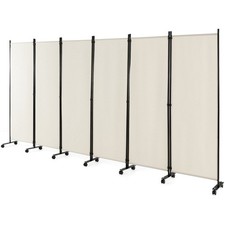 6 Panel Folding Room Divider 6FT Rolling Privacy Screen Lockable Wheels White