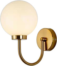 Glossy White Glass Ball Wall Light Sconce, 15Cm White Glass Globe with Gold Base