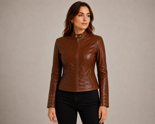 Womens brown leather biker - womens,
