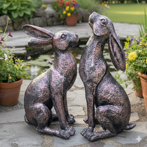 Bronze garden hare ornaments - bronze,