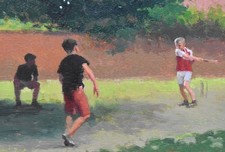 Superb Nigel Mason Original Oil Painting Boys Playing Cricket