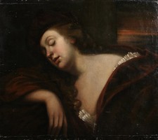 18th CENTURY LARGE FRENCH OLD MASTER OIL ON CANVAS - GIRL RESTING IN LANDSCAPE