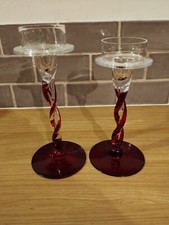 Vintage Two Ruby Red Swirl Pattern Glass Candle Sticks. Vgc.