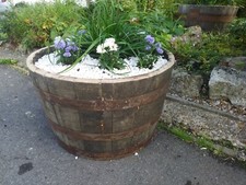 large oak whiskey half barrel planter patio herb vegetable flower tree rustic