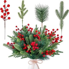 60x Christmas Artificial Pine Branches Red Berry Greenery Pine Picks Home Decor