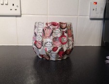 Red White Patterned Paper Mache Decoupaged Mod Podge Ribbed Ceramic Plant Pot