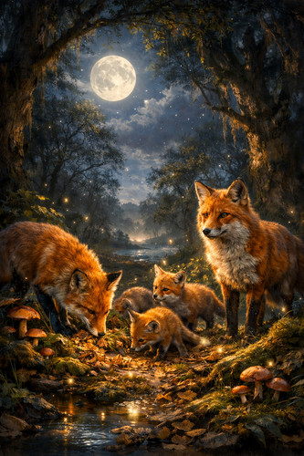 Moonlit foxes wall print - print,