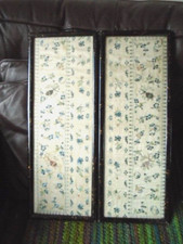 Embroidered Silk Folding Screen panel Antique Framed Small wooden 2 glazed 