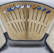  Set of 10 Sterling Silver Cocktail Sticks With Enamelled Cockerel Finials