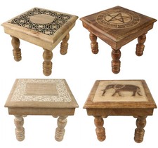 30CM SQUARE WOODEN STOOL PLANT STAND ELEPHANT STAR FLOWER HAND CARVED MANGO WOOD