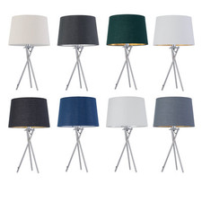 Modern Tripod Bedside Lamp Table Light with Fabric Shade Metallic Inner