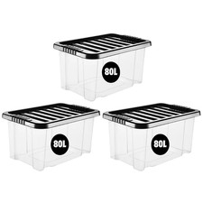 eMKay® 3 Plastic 80 Litre Storage Boxes Compact Stackable Home office BLACK Lid