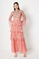 Coast Maxi Dress Size UK 12 Embellished Tiered Skirt Pink Christmas Party Event