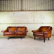 Vintage 60s Aage Christiansen "Matador" Tan Leather 2 Seater Sofa & Chair #A458
