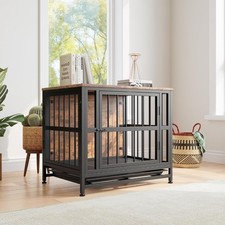 Medium Dog Crate With Tabletop Black with Double Doors Floor Tray 70x51x61cm 