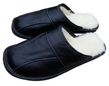 Men's Sheepskin Wool Black Leather Slippers Shoes Size Warm Moccasins Mules