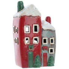 Shudehill Giftware Village Pottery Red & Grey Christmas Two House Tealight Holde