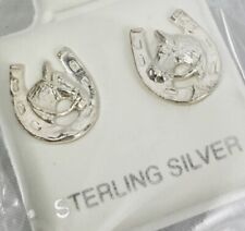 Sterling Silver 925 Earrings Lucky Horseshoe & Horse Horseracing