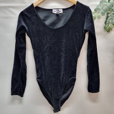 VTG 90's Betty Blue Snap Crotch Leotard Velour Black Cheeky Cut Long Sleeve Sz S