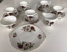 44* ROYAL STUART BONE CHINA TEA SET. 5 TRIOS, MILK JUG & SUGAR BOWL, CAKE PLATE