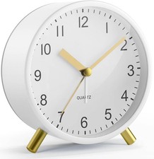 Analog Alarm Clock Battery Operated Silent Non-Ticking Metal Bedside Clock White