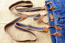 Unisex Men's Blue Striped Adjustable Six Button Holes Suspenders Braces