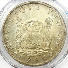 1754 Peru Pillar Dollar 8 Reales Silver Coin 8R - Certified PCGS AU Details