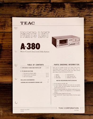 Teac 380 cassette parts list - teac,
