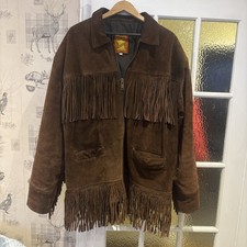 Vintage Excelled Western Suede Leather Coat Fringe Snap Closure Jacket Sz L