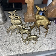Vintage Mid Century Solid Brass Deer, stag and Doe Figurines Set of 7