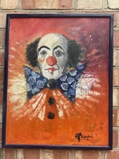 Stunning Vintage 1974 Oil Clown Painting Framed