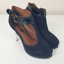 JAEGER Linden Shoes Womens UK 7 Black High Heel Gold Stiletto Suede