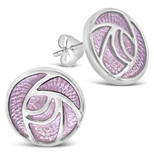 Silver Charles Rennie Mackintosh pink purple rose enamel stud earrings & box