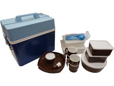 Vintage Picnic Cooler Box Set with Plates Cups Containers Blue Brown