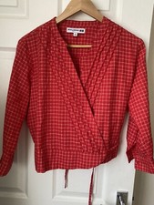 INES DE LA FRESSANGE uniqlo Cotton linen check Red White Jacket Top Wrap Cropped